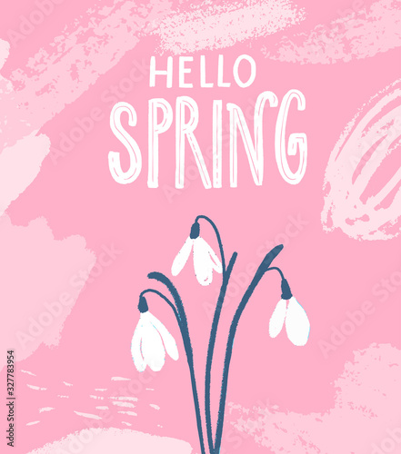 Tree snowdrops. Hand drawn first spring flowers on pastel pink background with abstract strokes. Hello spring card vector design