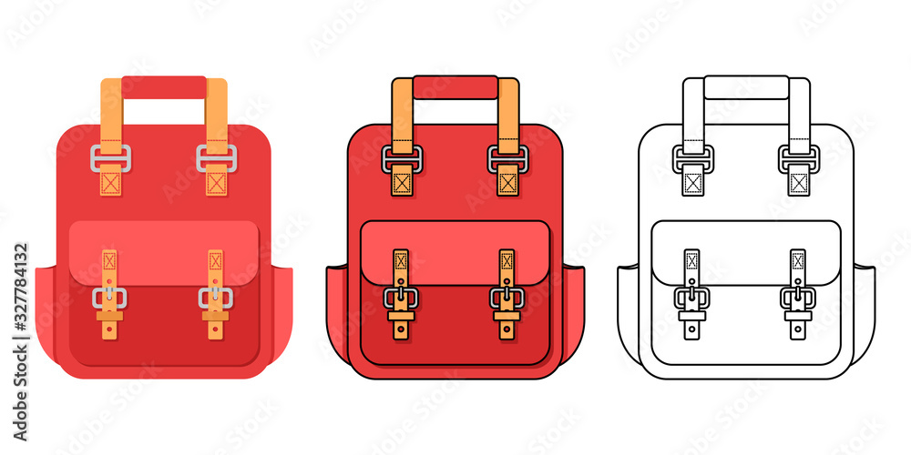 Red backpack flat vector illustration. Set of three illustrations in different styles. Red backpack flat vector illustration. Set of three illustrations in different styles.