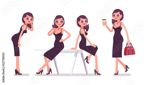 Glamour girl different poses, beautiful woman wearing sexy attractive clothing, classic appealing black dress. Cocktail party or evening ceremony event fashion. Vector flat style cartoon illustration