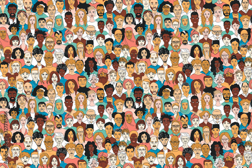 Women's men's children's portraits line drawing doodle poster seamless pattern