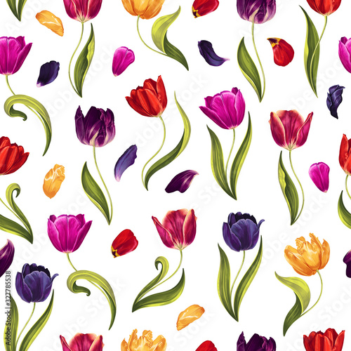 Spring seamless pattern with multi-colored tulip flowers, leaves and petals on a white background. Hand drawn, high realistic, vector, flowers for fabric, prints, decoration, invitation cards.