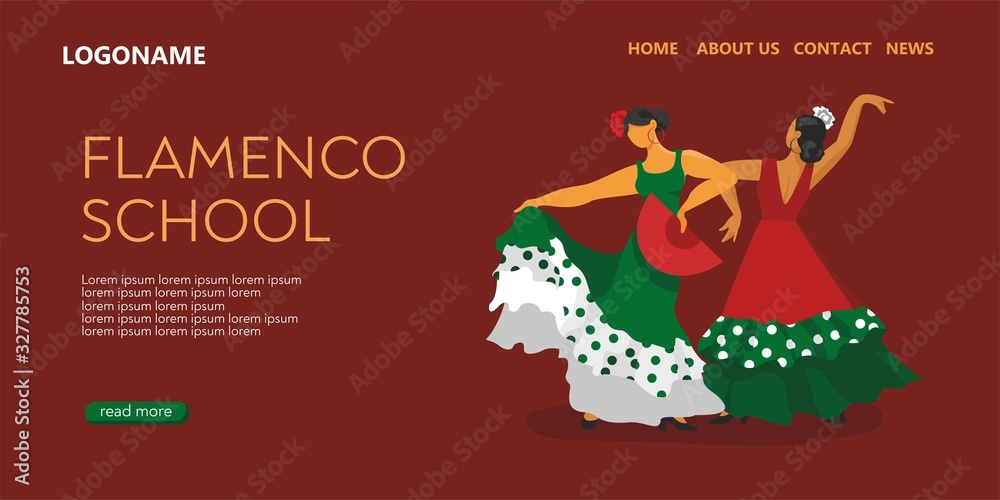 Template of the landing page of the Spanish dance school. Two flamenco dancers in beautiful dresses with a fan. The symbols of Spain for a promo, tourist guides, maps. Falt cartoon vector illustration Template of the landing page of the Spanish dance school. Two flamenco dancers in beautiful dresses with a fan. The symbols of Spain for a promo, tourist guides, maps. Falt cartoon vector illustration