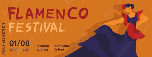 Horizontal banner template, invitations for the flamenco festival. A dancer in a blue dress with a red fan. Concept of traditional culture of Spain for tourist guides, promo. flat vector illustration.