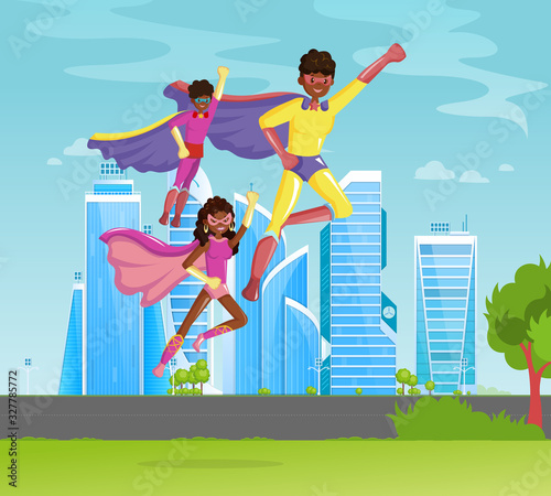 African American family superheroes father and children fly together i