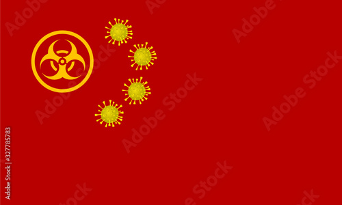 Chinese flag with yellow Biohazard sign and coronavirus bacteria instead of stars. Stylized China flag. Symbols of coronavirus on a red background. China Coronavirus 2019-nCov epidemic concept design.