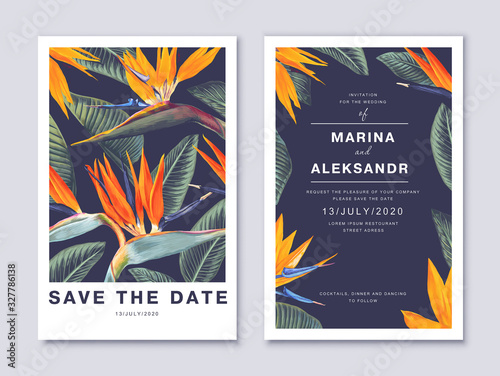Tropical botanical wedding or party invitation card. Template design with flowers - Strelitzia, South African plant, called crane flower. Modern, realistic style, hand drawn Save the Date card, vector