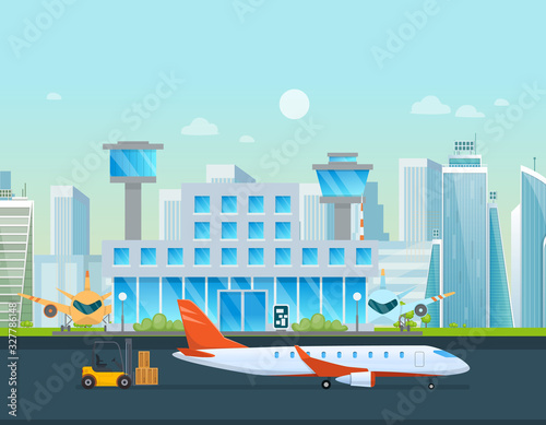 Airport terminal building and airplanes, taxi, car, loader.