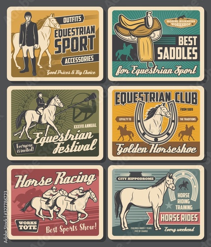 Horse rides and equestrian races sport club vintage retro posters. Vector equestrian ride training school, jockey polo accessories and saddles equipment shop, equestrian hippodrome festival