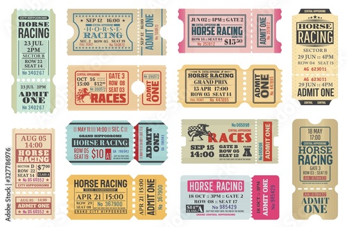 Horse racing ticket vector templates of equestrian sport competition. Hippodrome event admit one cards with race horse animals, jockey riders and racing flags, old paper tickets and invitations design