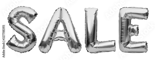 Word SALE made of silver inflatable balloons isolated on white background. Helium balloons silver foil forming word sale. Discount and advertisement