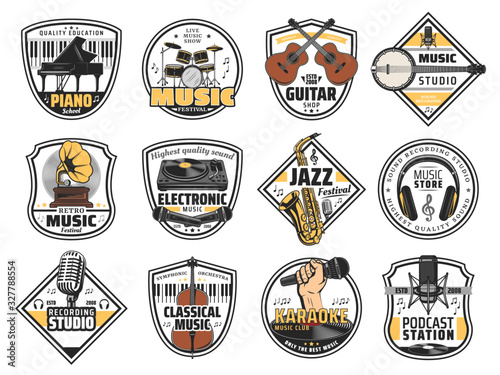 Retro music festival emblem, recording studio label and folk music instruments shop icons. Vector vinyl record gramophone and DJ equipment, jazz festival, karaoke bar and radio podcast station