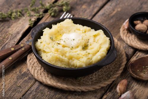 Obraz na płótnie Fresh homemade creamy mashed potato or  potato puree in pan