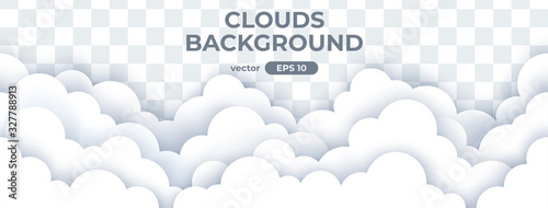 Sky with white clouds on transparent background. Seamless border of clouds. Paper cut. Simple cartoon design. Banner, poster, flyer template. Flat style vector eps10 illustration.