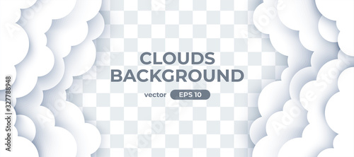 Sky with white clouds on transparent background. Border of clouds. Paper cut. Simple cartoon design. Banner, poster, flyer template. Flat style vector eps10 illustration.