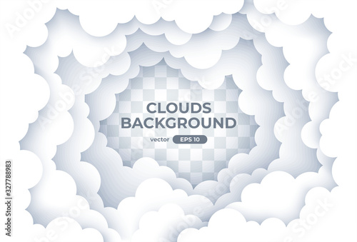 Clouds circle frame. Sky with white clouds background. Round border of clouds. Paper cut. Simple cartoon design. Banner, poster, flyer template. Flat style vector eps10 illustration.