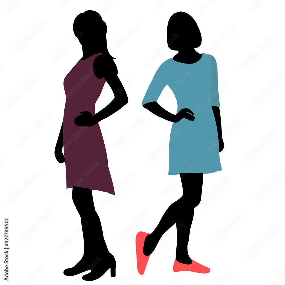 silhouette in colored clothes, girls stand