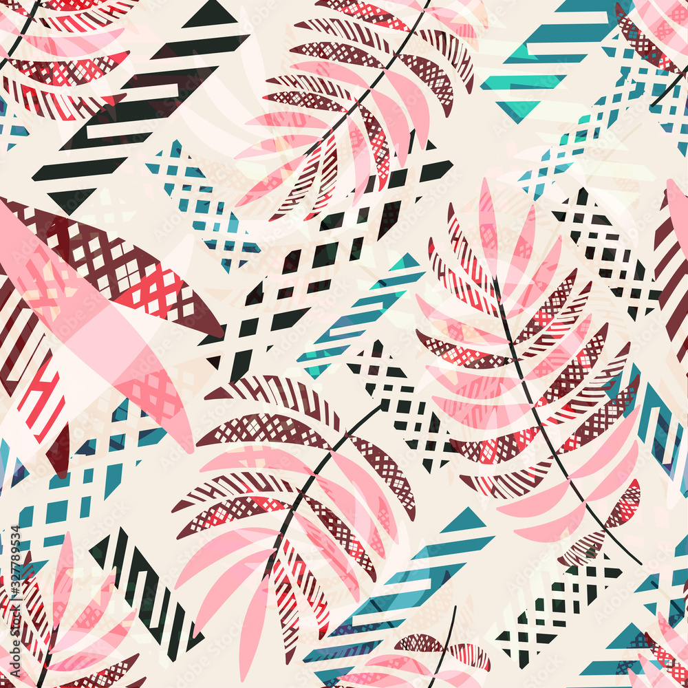 Vector seamless tropical pattern with palm leaves and stripes  on light background.  Floral illustration for textile, print, wallpapers, wrapping.