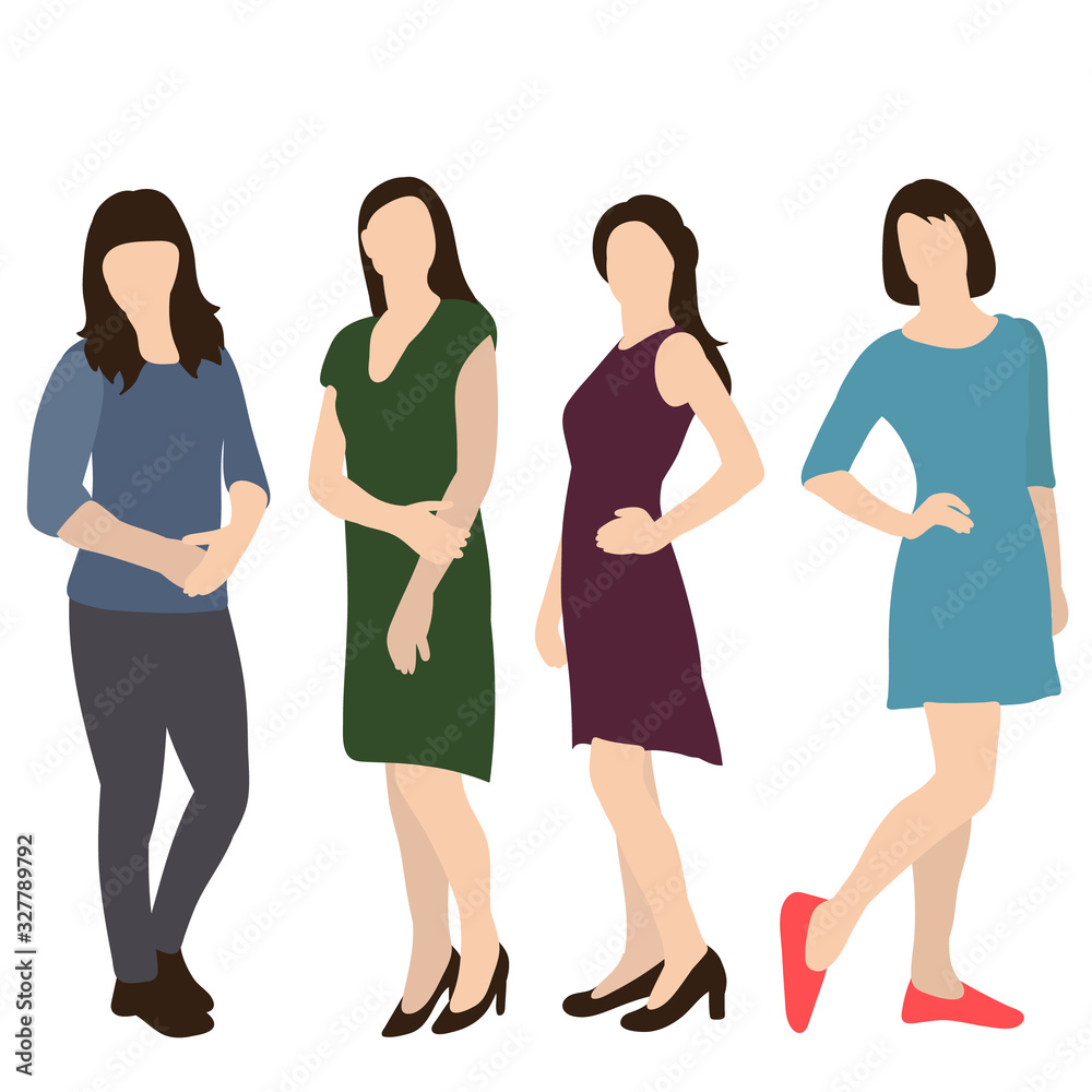 vector, isolated, silhouette in colored clothes, girls stand