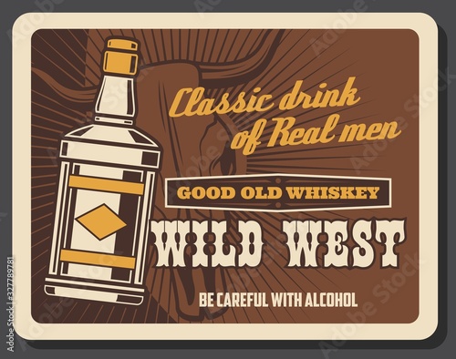 Wild West vintage retro poster, whiskey bar saloon, American Western cowboy pub. American Wild West, Texas and Arizona alcohol drinks saloon, longhorn bull skull