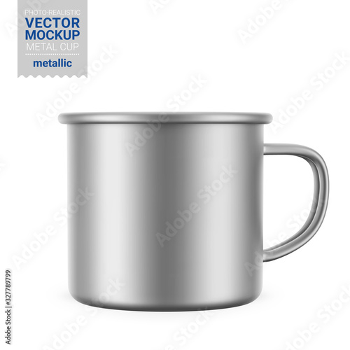 Metallic gray enamel metal cup. Vector mockup.