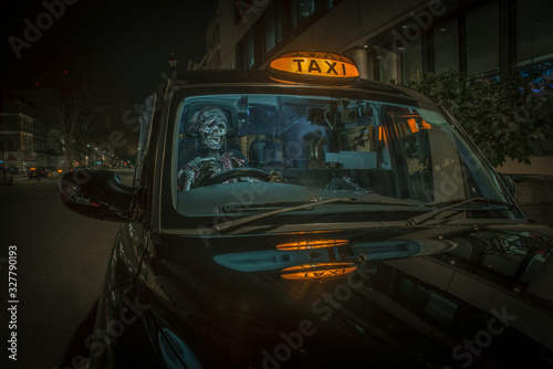 Zombie monster driving a taxi in the city