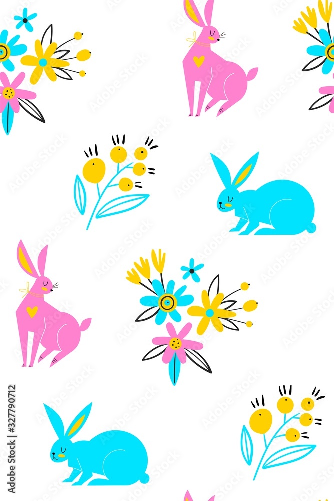 Seamless pattern of cute white bunnies on white background with floral elements. Trendy scandinavian vector. Perfect for kids apparel,fabric, textile, nursery decoration,wrapping. Spring drawings.