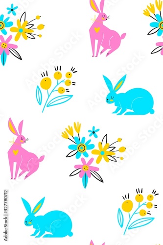 Seamless pattern of cute white bunnies on white background with floral elements. Trendy scandinavian vector. Perfect for kids apparel,fabric, textile, nursery decoration,wrapping. Spring drawings.