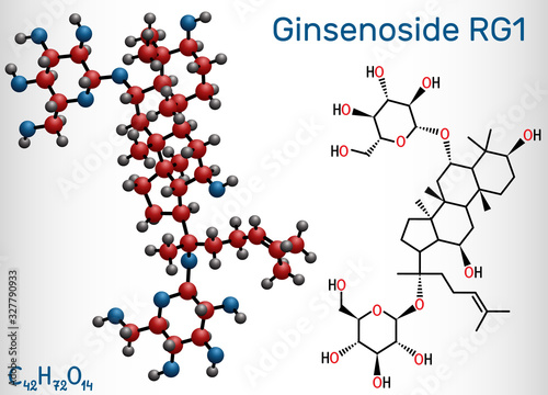 Ginsenoside Rg1 molecule. It is one of the major active components of ginseng, ameliorates cigarette smoke-induced airway fibrosis. Structural chemical formula and molecule model