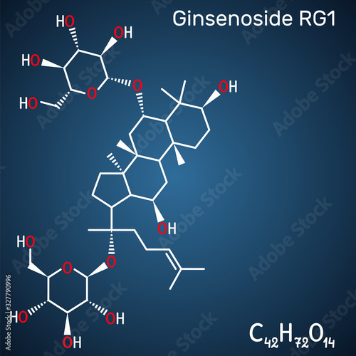 Ginsenoside Rg1 molecule. It is one of the major active components of ginseng, ameliorates cigarette smoke-induced airway fibrosis. Dark blue background