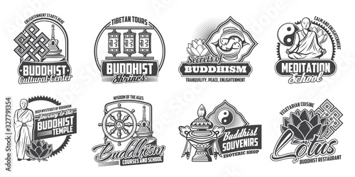 Buddhist religious symbols  meditation school and Buddhist cuisine restaurant sign. Vector Buddhism worship and Dharma wheel  spiritual enlightenment  monk in lotus  Yin Yang fish sign and temple drum