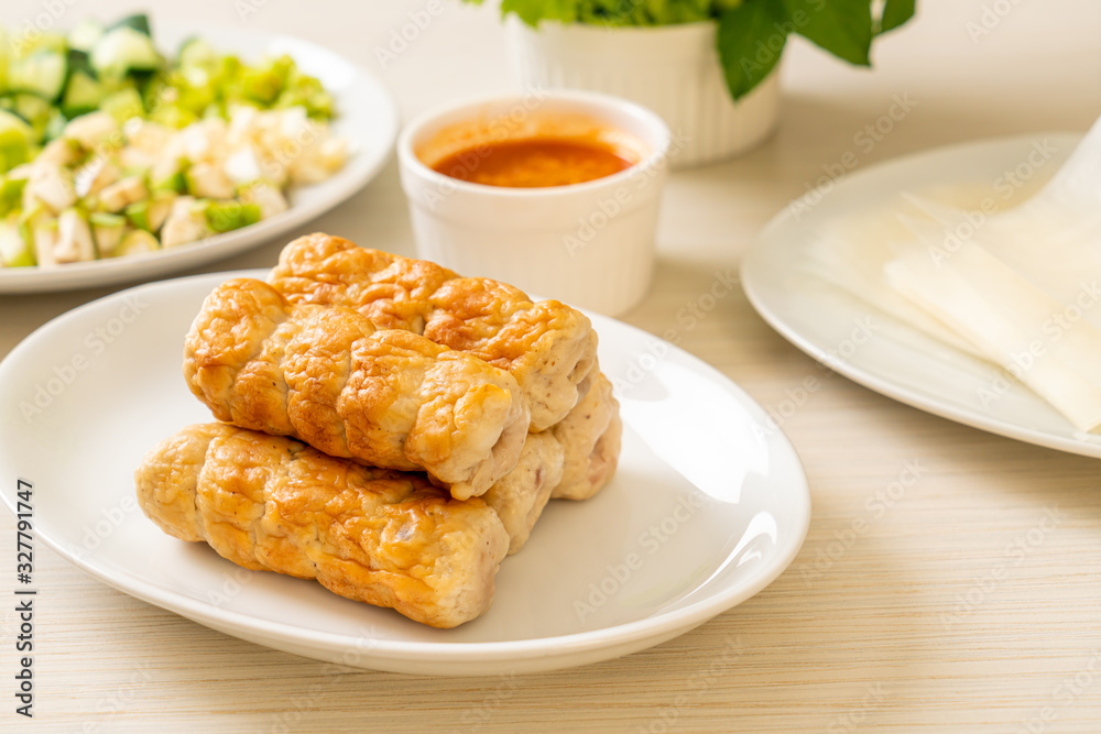 Vietnamese pork  meatball with vegetables wraps (Nam-Neaung or Nham Due)