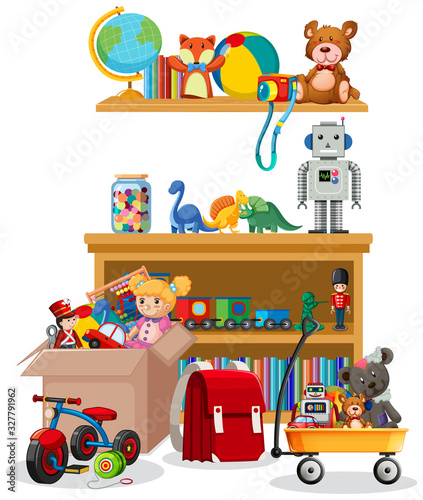 Shelf and box full of toys on white background