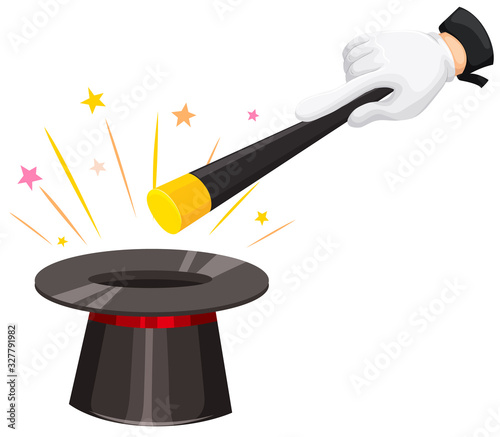 Magician hat and wand on white background