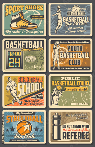 Basketball sport club and streetball school, vintage retro posters. Vector basketball professional sportswear and equipment shop retro, streetball championship or university team tournament