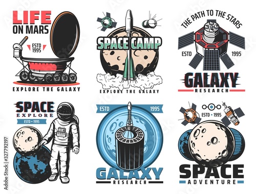 Fototapeta Naklejka Na Ścianę i Meble -  Space vector icons with rockets, astronaut and galaxy planets of astronomy design. Universe exploration spaceship, satellites and shuttle, Earth, Moon and Mars, rover robot, space station and stars