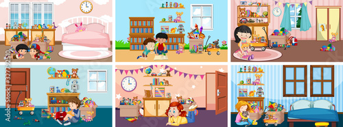 Six scenes with children doing activities in different rooms