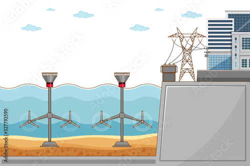 Diagram showing water power generating electricity used in city