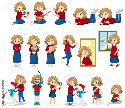Set of cute girl doing different activities