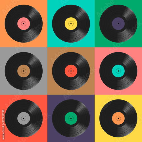 Vinyl records. Colorful background. Seamless pattern.