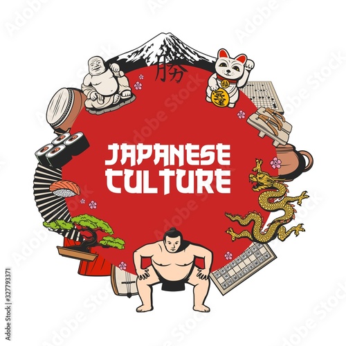 Japanese culture traditions vector icon of Japan travel design. Sushi food, Fuji mountain, fan and bonsai, dragon, tea set, maneki neko and geta shoes, sumo wrestler, taiko and shamisen, go and shogi