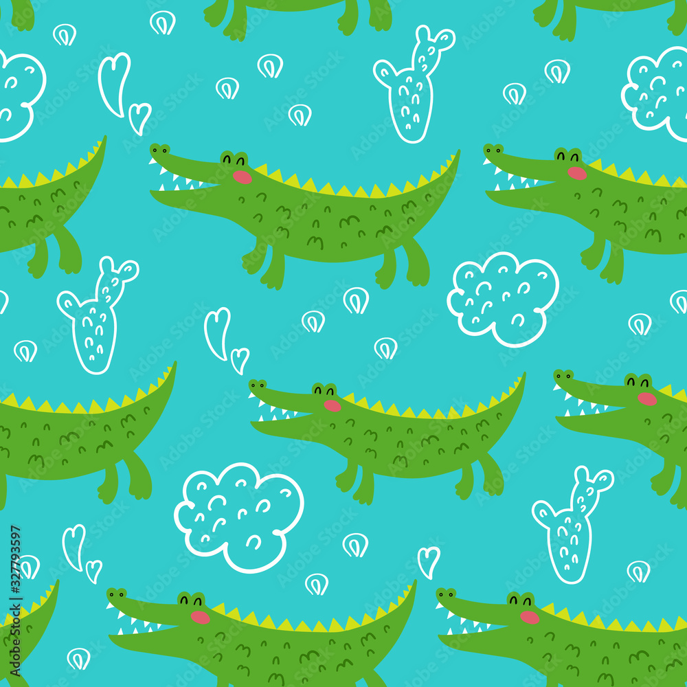 Fototapeta premium Seamless pattern with crocodiles. Decorative scandinavian vector template for children's clothing design, interior, Wallpaper, greeting cards, banners, home decoration.