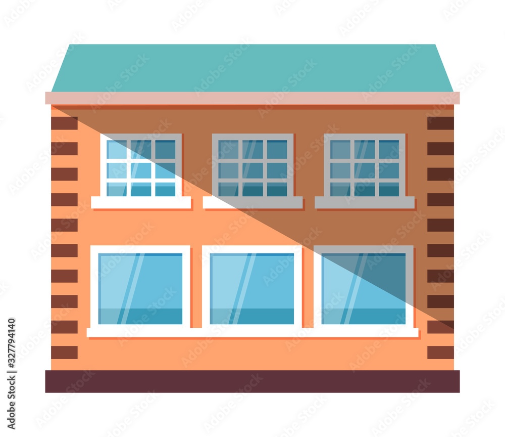 Multi-storey building with windows and entrance, shadow on house. City or street construction with yellow wall, exterior of skyscraper vector. Flat cartoon