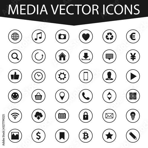 Web icon set. A set of media signs and symbols. Popular round icons, money signs, web and mobile icons. Vector illustration isolated on a white background.