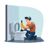 Plumber cleaning toilet sewerage with plunger, home plumbing service. Vector plumber profession, home sewerage pipeline leakage repair, maintenance and cleaning service