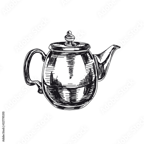 Retro teapot hand drawn black and white vector illustration