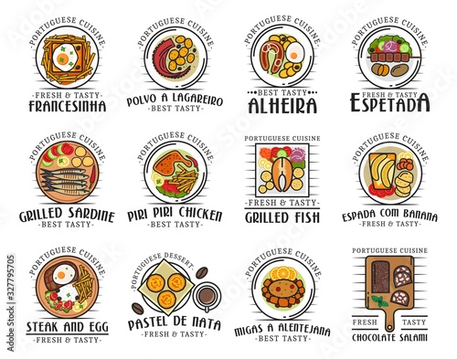 Portuguese cuisine food and traditional authentic meals, restaurant menu icons. Vector Portuguese francesinha, polvo a lagareiro and alheira, espetada and grilled sardine fish, piri chicken and espada