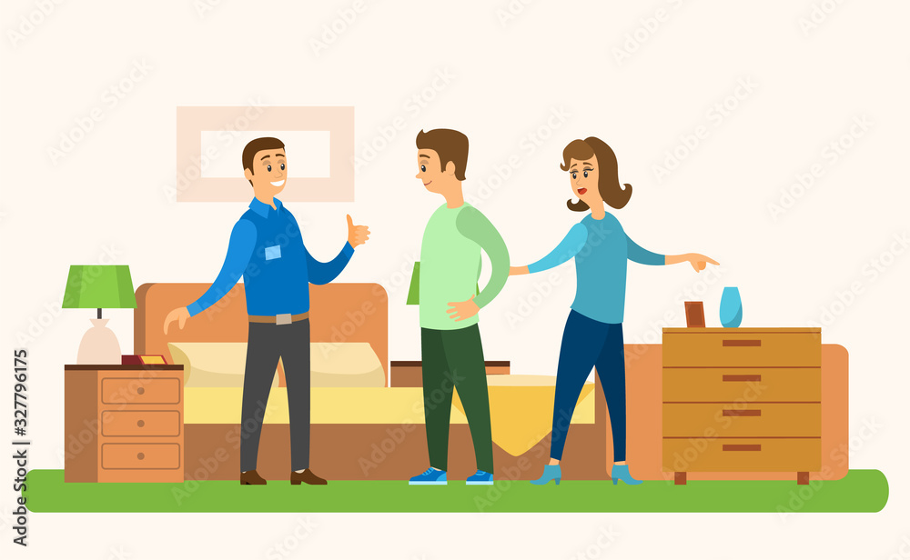 People in furniture store looking for new goods for home. Bed and bedside tables, reading lamp and vase, carpet and frame vector illustration flat style People in furniture store looking for new goods for home. Bed and bedside tables, reading lamp and vase, carpet and frame vector illustration flat style