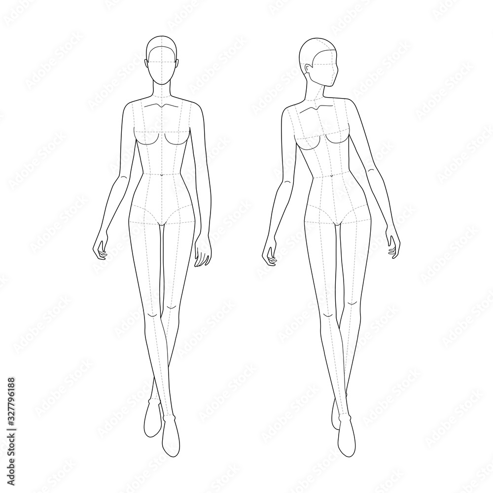 Fashion template of walking women looking front and right.