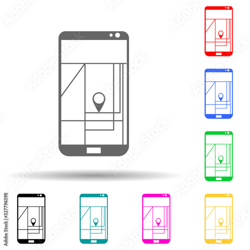 Hand holding phone with map and marker multi color style icon. Simple glyph, flat vector of summer pleasure icons for ui and ux, website or mobile application