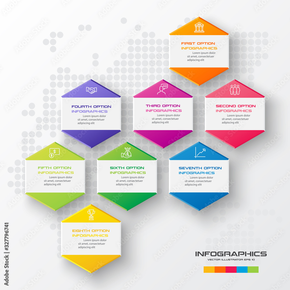 Vector illustration with 8 options,Template for graphs and diagrams,Hexagon infographic. Vector illustration with 8 options,Template for graphs and diagrams,Hexagon infographic.